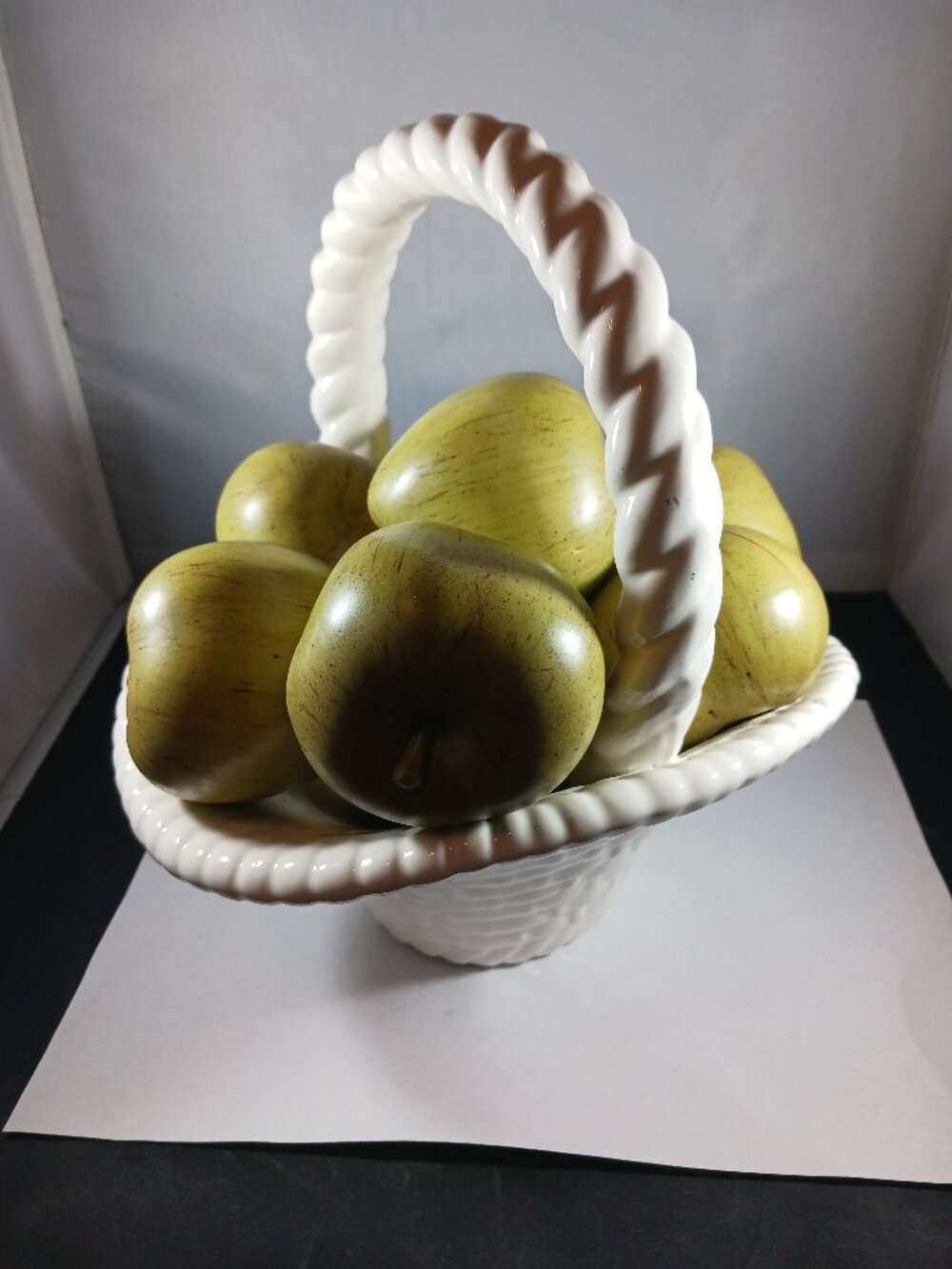 Vintage 50's Handmade Woven Apples Fruit Large Basket Ceramic